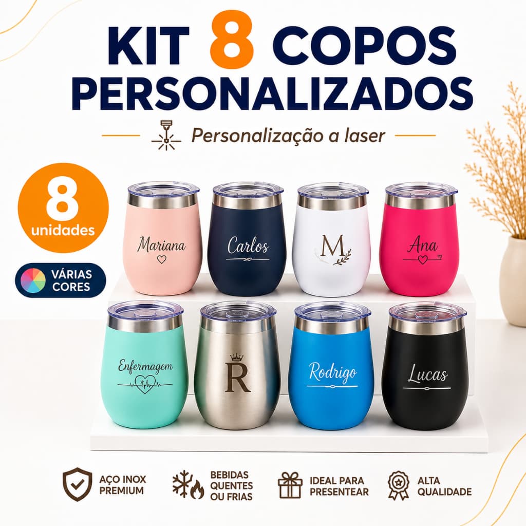 Kit 8 Copos Térmicos Cuia 360ml Inox Personalizados a Laser Brinde Evento Festa Empresa Casamento Formatura