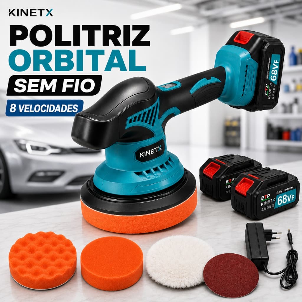 Lixadeira Politriz Sem Fio KINETX com 2 Baterias Kit Completo para Carro Móveis Madeira Polimento Automotivo