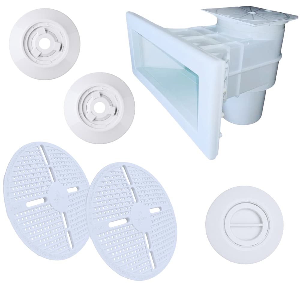 Kit Dispositivo Piscina Alvenaria Sobrepor 50mm: Aspiração, Skimmer Boca Larga VEICO, 2 Retornos e 2 Ralos Brancos ABS