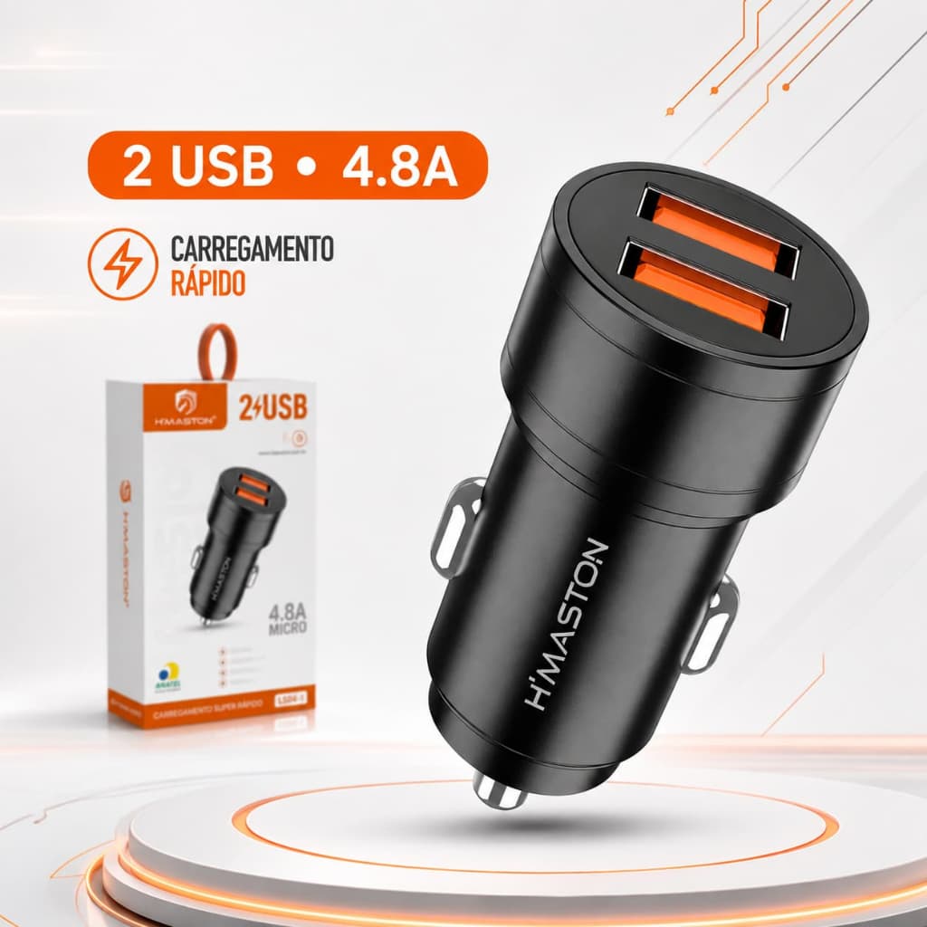 Carregador Veicular Turbo 4.8A USB Carga Rápida para Celular Android iPhone Universal Duplo USB