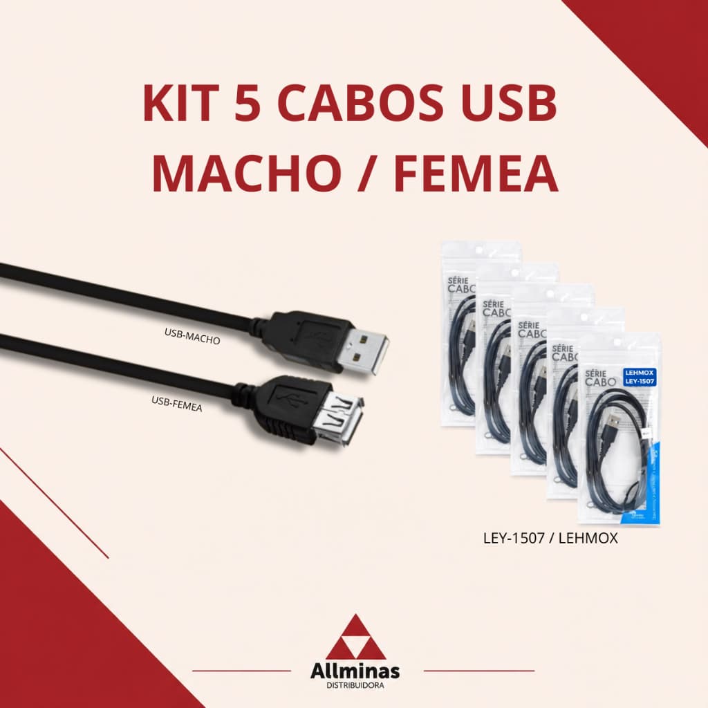KIT 5 CABOS USB MACHO X MACHO LEY-1507 LEHMOX