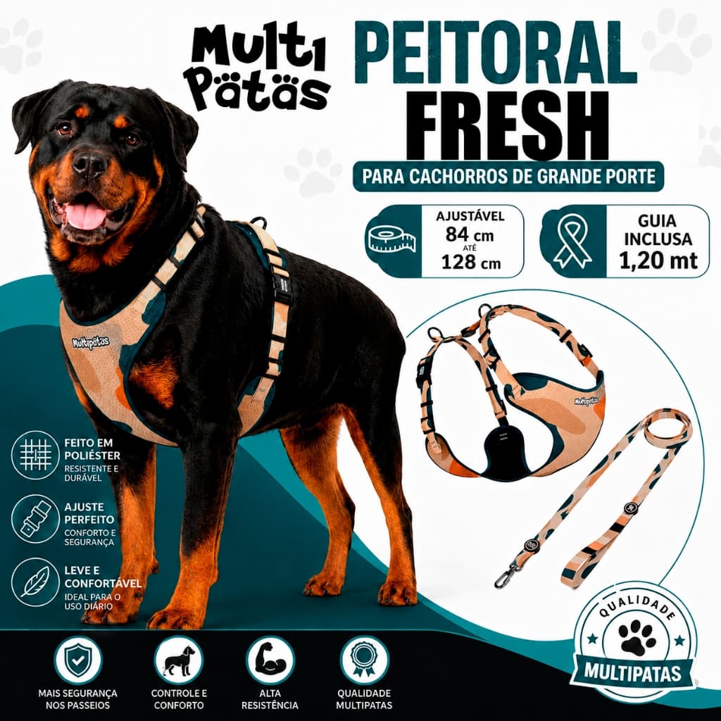 Peitoral Fresh + Guia Cães Cachorros Porte Grande Multipatas Stone Gg Qrcode Localizador