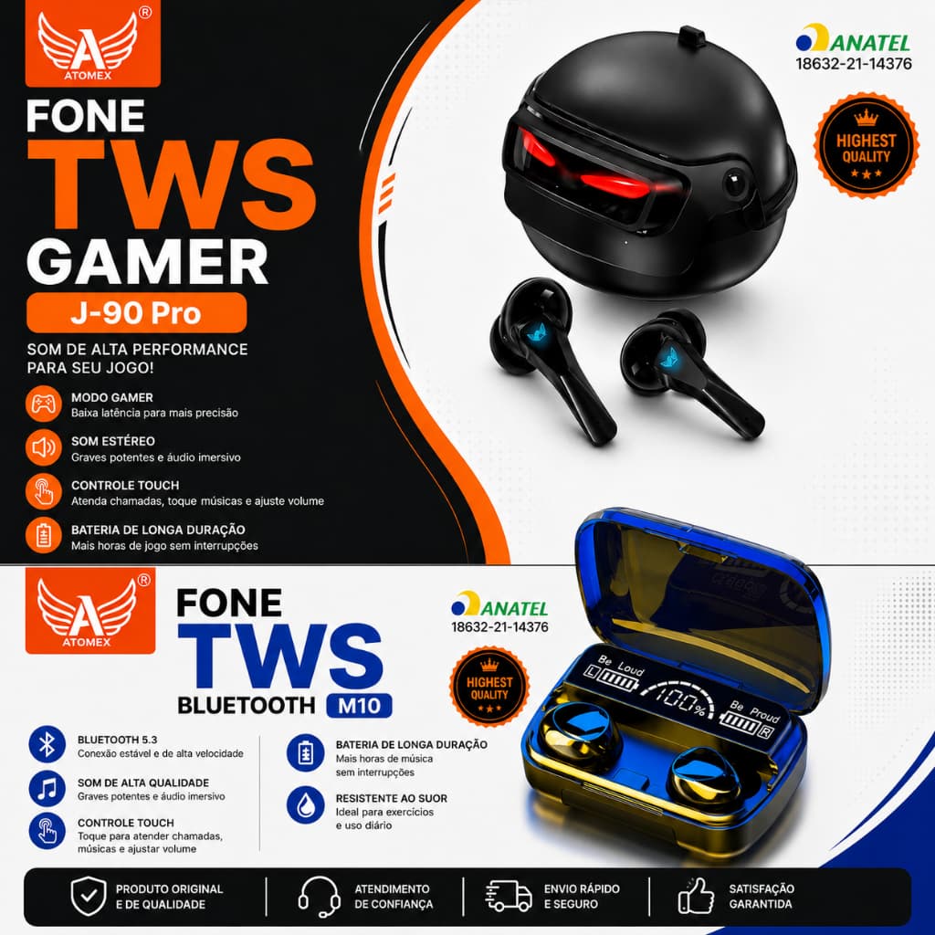 Fone Bluetooth TWS Gamer Sem Fio J-90 Pro / M10 Bluetooth 5.3 com Microfone, Touch e Estojo Carregador