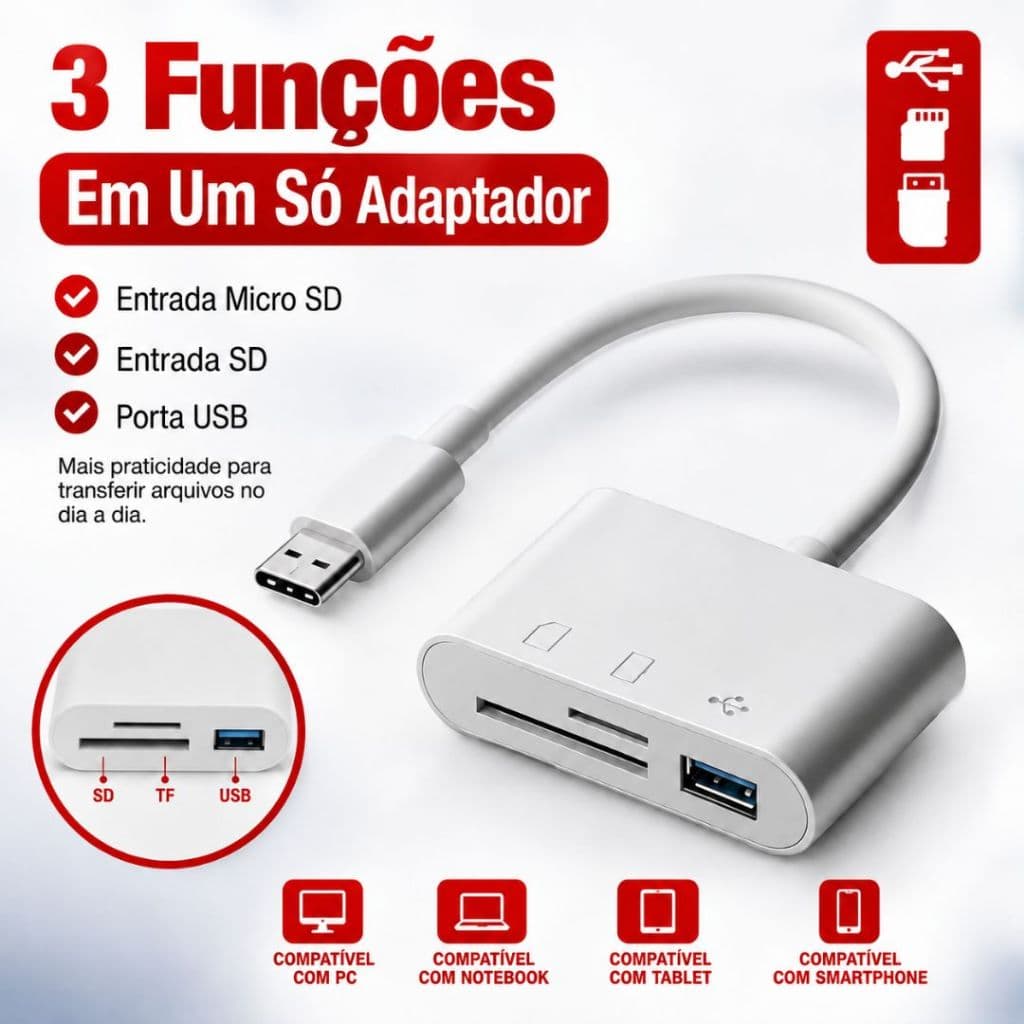 Leitor Cartão USB C 3 Em 1 OTG SD Micro SD Adaptador Para Celular Câmera Notebook