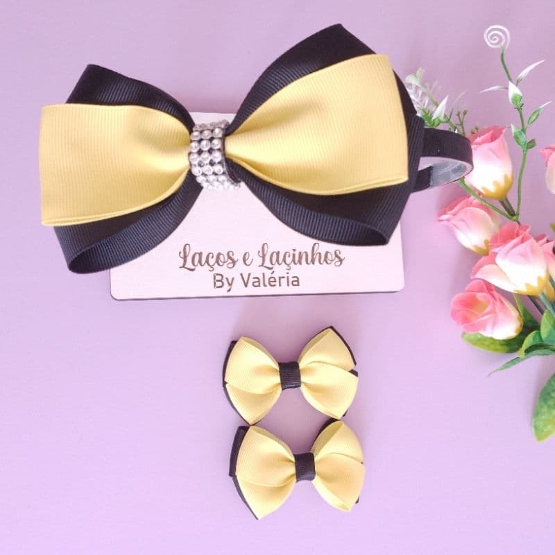 Kit Tiara de cabelo infantil + um par de Laços infantil Amarelo e Preto  ( tiara inquebrável com dentinho)