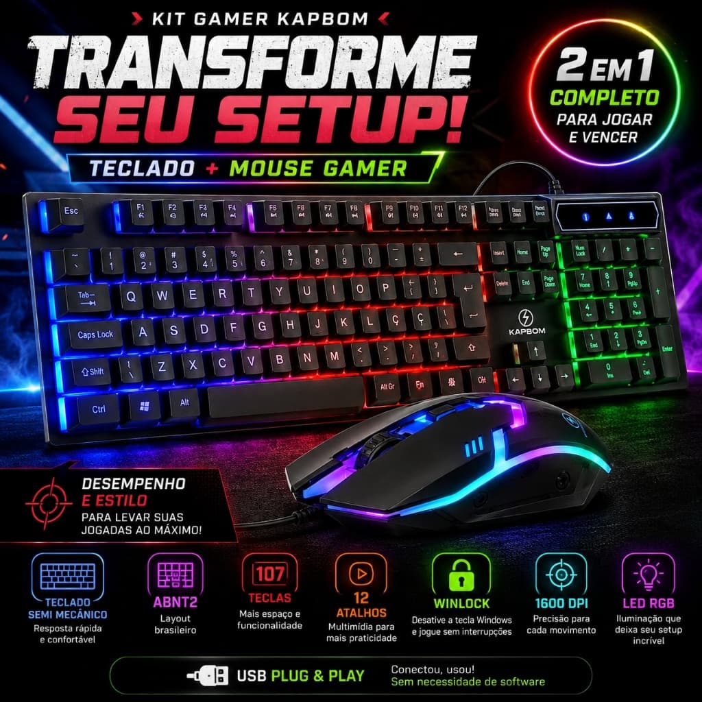 Kit Gamer Teclado e Mouse Gamer RGB USB Semi Mecânico ABNT2 1600 DPI Preto