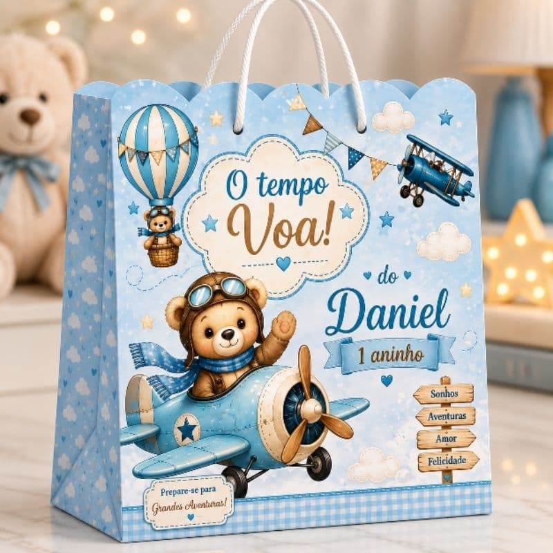 Sacolinha Surpresa Personalizada com Nome e Idade Tema Ursinho Aviador | Lembrancinhas Decoração Festa Infantil Menino