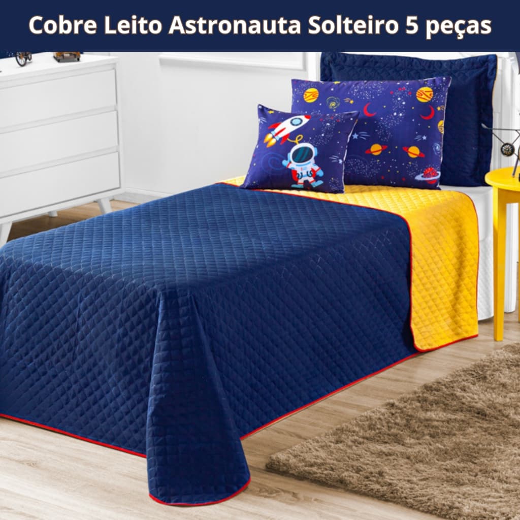 Kit Colcha Cobre Leito Infantil Solteiro Astronauta 5 Peças Foguete Espaço Microfibra Matelado