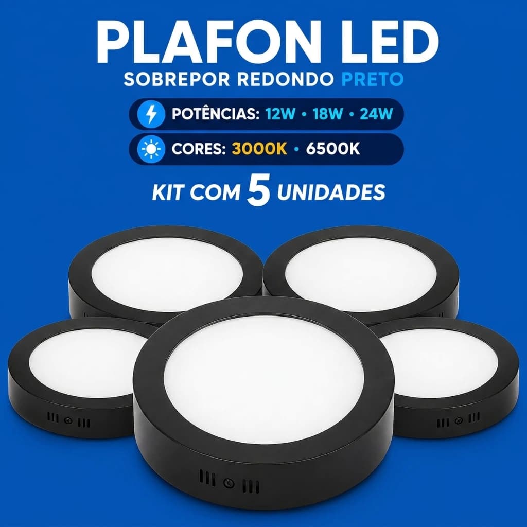 Kit 5 Luminárias Painel Plafon Sobrepor Redonda 12W 18W 24W 6500K 3000K Elgin