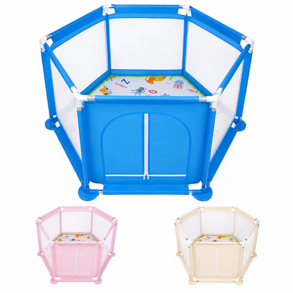 Cercadinho Portátil Rosa Azul Bege Para Bebê Com Tapetinho Azul