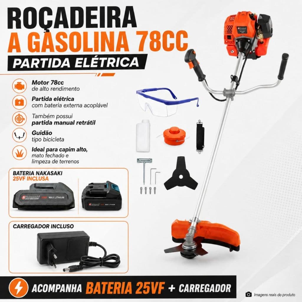 Roçadeira A Gasolina 78CC Profissional Partida Elétrica Tubo 28mm Eixo 9 Estrias Carretel Nylon Cinto Duplo