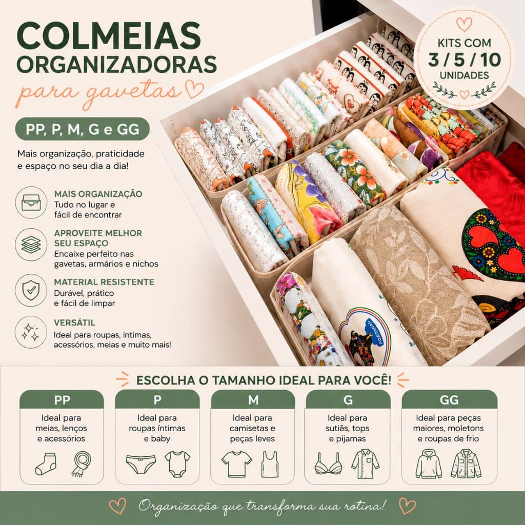 Kit 3/ 5/ 10 - Colmeia Organizadora para Gavetas tamanho PP, P, M, G, GG para gavetas, armários, closet e nichos.