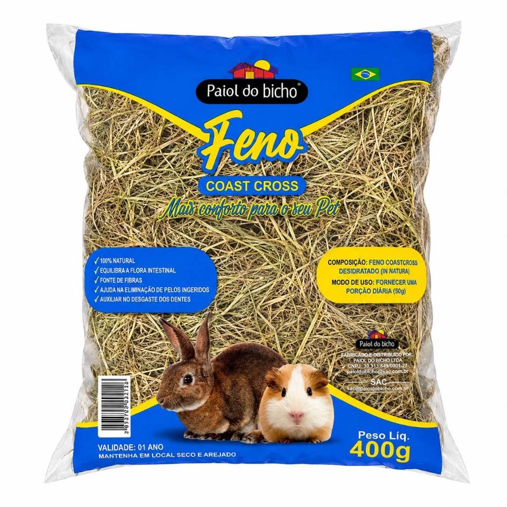 Feno para Coelho Porquinho da Índia Chinchila Roedores Natural Rico em Fibras 400g