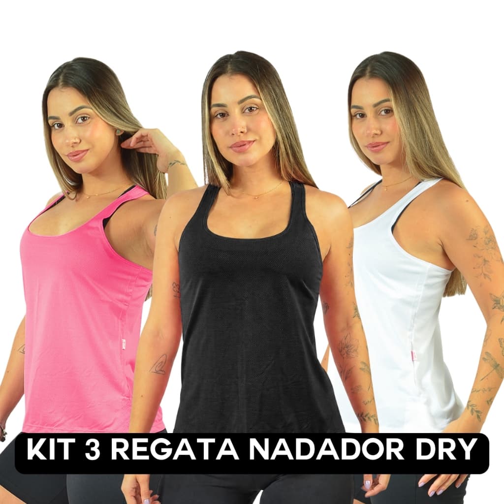Kit 3 Regata Nadador Dry Fit Academia Feminina Treino Fitness Roupa Blusa