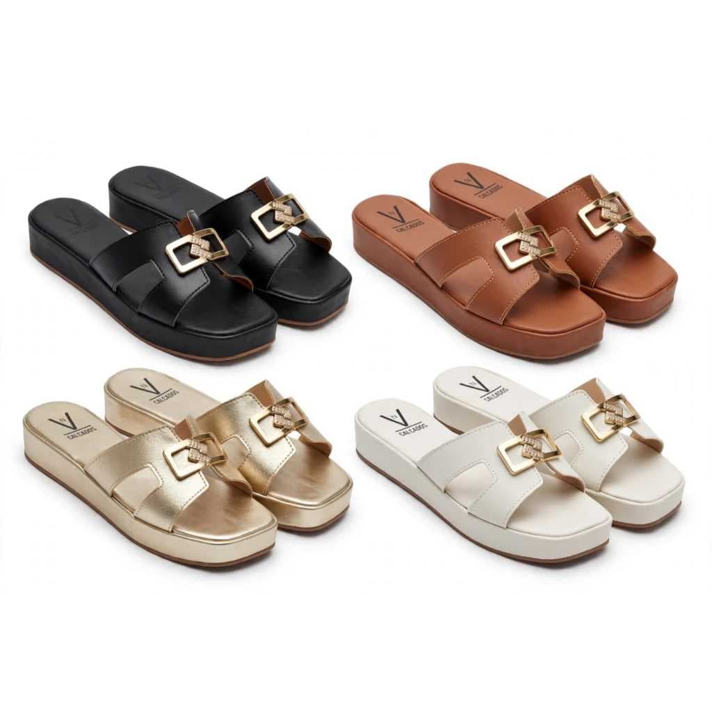 Tamanco Feminino Plataforma Alta Slide H Fivela Dourada com Strass Confortável
