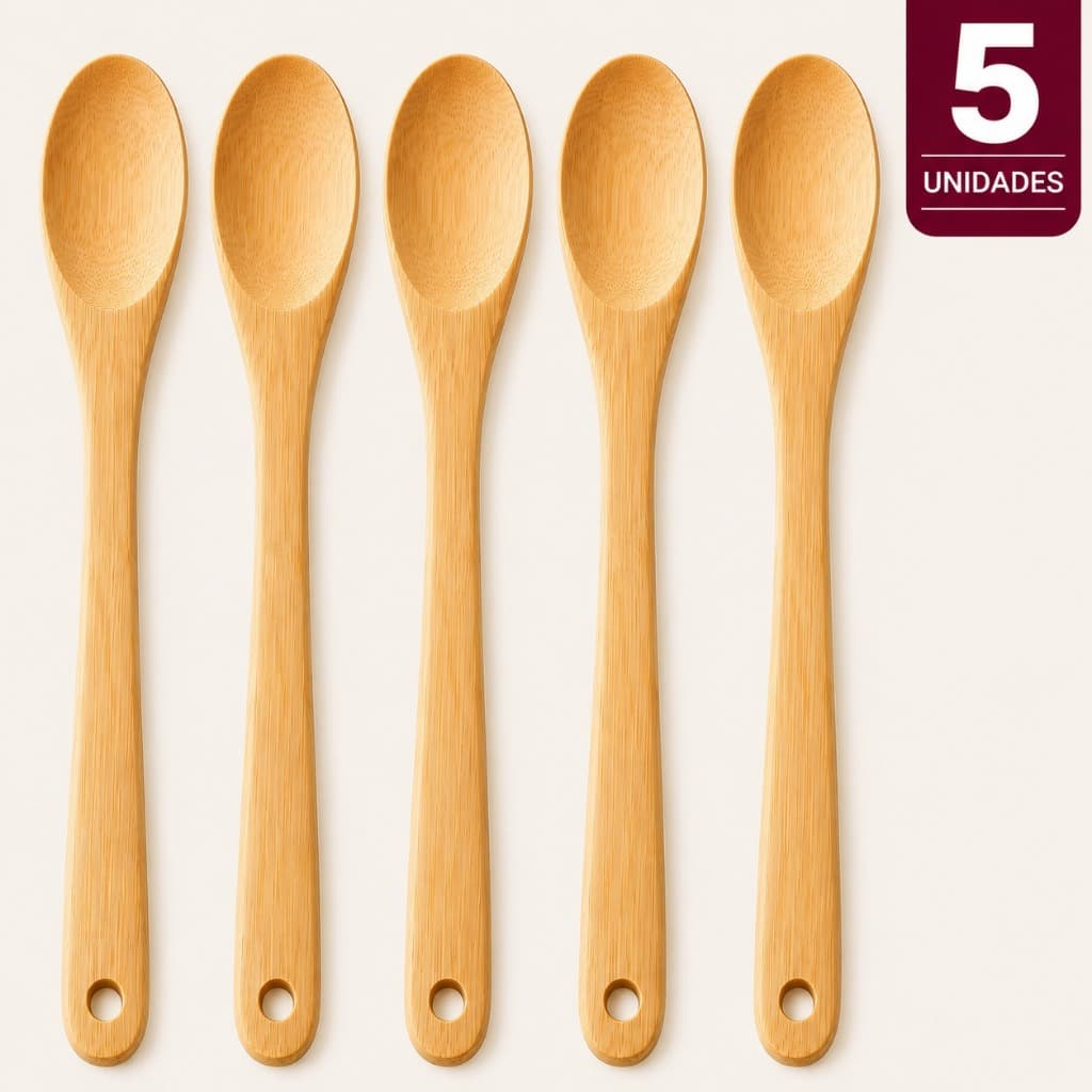 Kit 5 Colher De Bambu 30cm Para Cozinha Servir Refeições Utensílio Resistente Uso Diário Colher de Pau