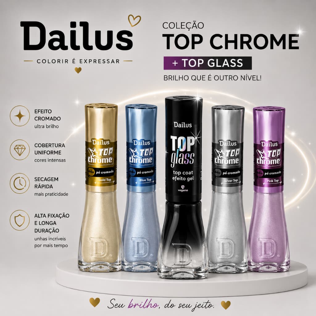 Dailus Kit 4 Top Coat Chrome Pó Cromado + Top Glass Efeito Gel