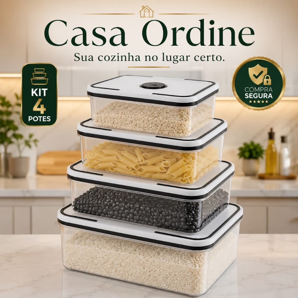 Kit 4 Potes Herméticos Casa Ordine Quadrados Plástico Tampa Segura Organizador de Alimentos Cozinha Despensa