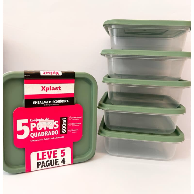 Kit 5 potes quadrados 600ml Xplast (cor enviada aleatoriamente)
