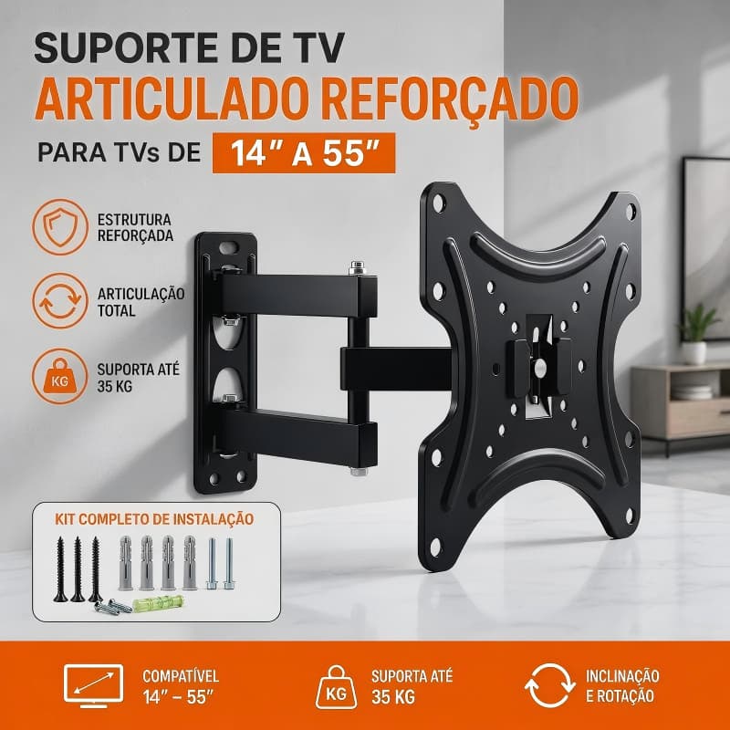 Suporte de Parede para TV 14" a 55", Braço Articulado Retrátil e Giratório, Ajustável para TVs LCD/LED