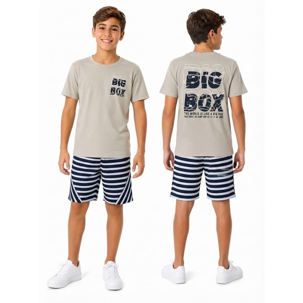 Conjunto Masculino Juvenil Menino Camiseta Bermuda Estampada Frente e Costas Moda Infantil Casual 10 ao 14