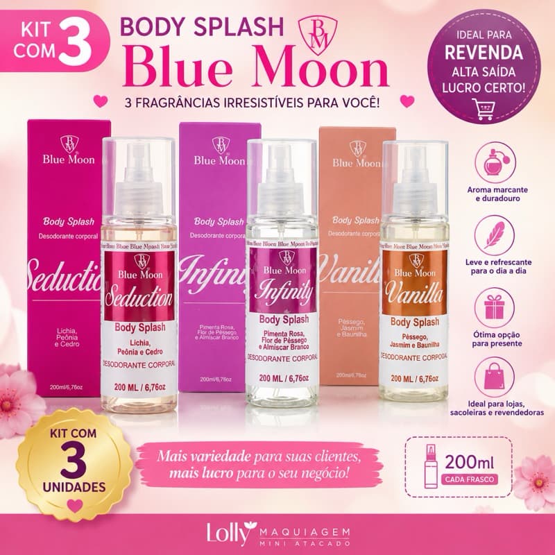 Kit 3 Body Splash Blue Moon 200ml Seduction + Infinity + Vanilla Desodorante Corporal Perfumado Feminino