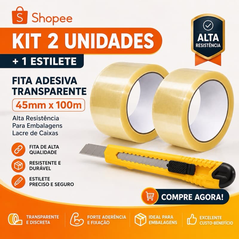 Kit 2 Rolos Fita Adesiva Durex 45x100MT Embala Caixas Colagem Extra Forte + 1 Estilete