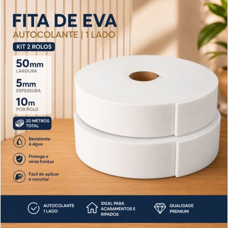 Kit 2 Fitas EVA para Ripado Branco Autocolante 5cm x 5mm x 20m Painel Decorativo Parede e Porta