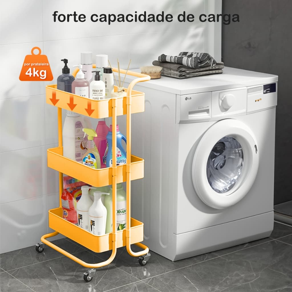 Carrinho Organizador Multiuso 3 Prateleiras com Rodinhas e Alça - Estante Móvel para Quarto Sala Banheiro