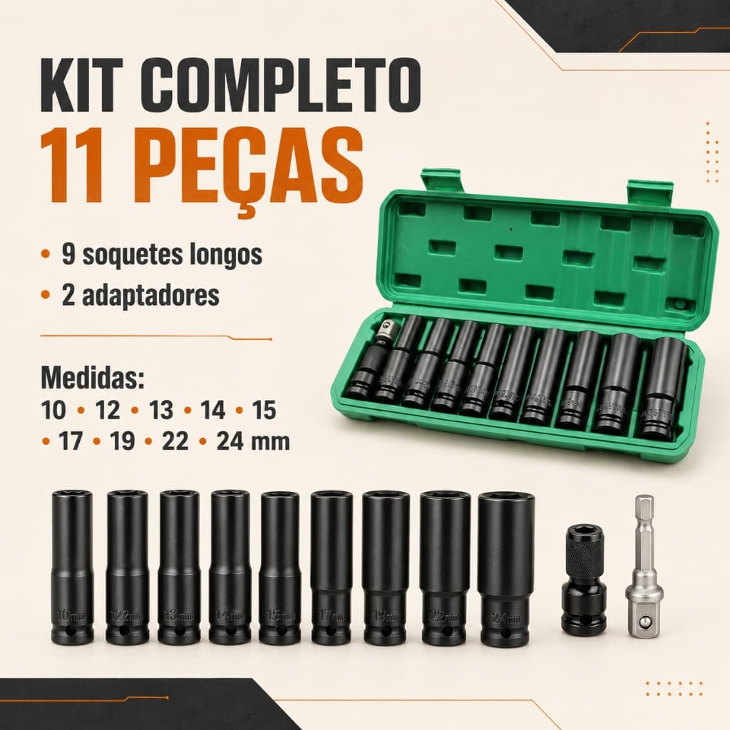 Jogo de Soquetes de Impacto Longo 1/2 11 Peças 8 A 24mm