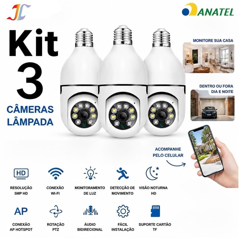 Câmeras Espiãs Lâmpada 1080p Wifi 360° Visão Noturn Camera Seguranga Wi-fi Sem Fio 360 Lampada 8177