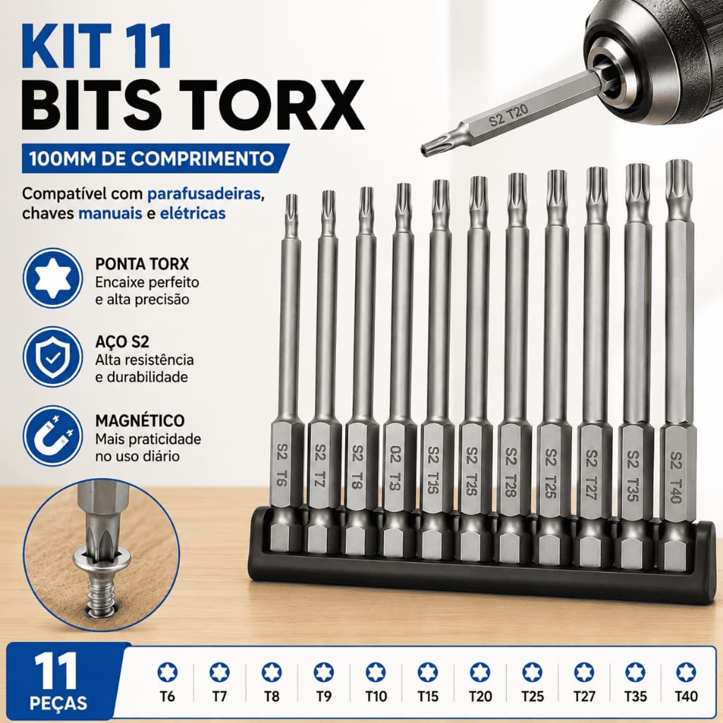 kit 11 chaves bits torx 100mm Compatíveis com parafusadeiras, chaves manuais e elétricas