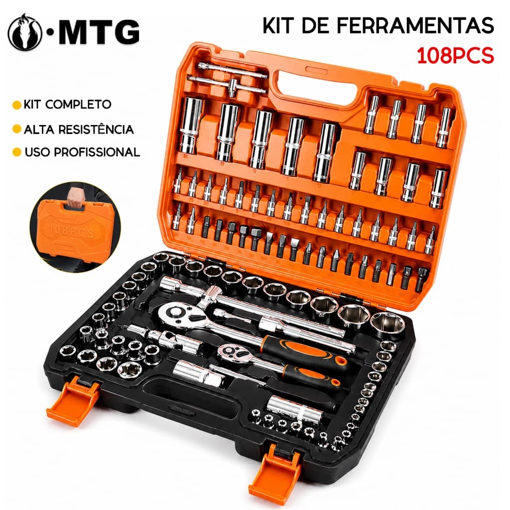 Kit Jogo de Soquetes 108 Peças Chave Catraca 1/2 e 1/4 Ferramenta Profissional Mecânico Reparo Carro Moto