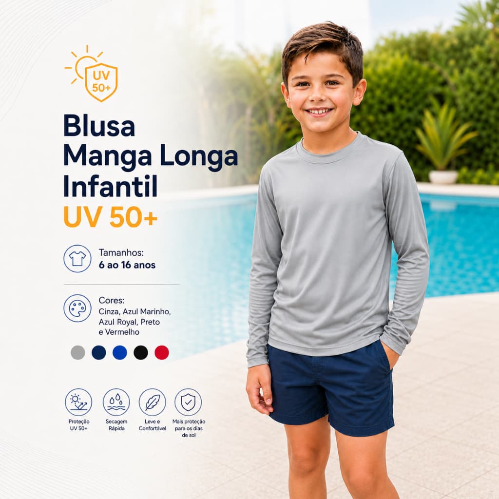 Camiseta UV Infantil Manga Longa Proteção 50+ Praia Verão