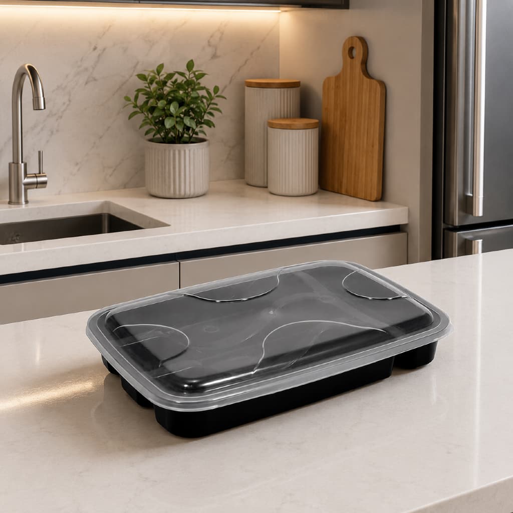 Porta Talheres Com Tampa 4 Divisórias Organizador Cozinha Plástico Preto  Compacto Multiuso