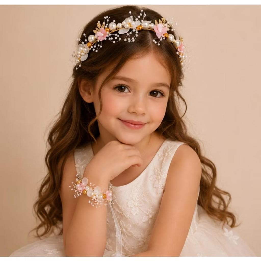Tiara Daminha de Honra Infantil com Coroa de Flores e Pérolas – Enfeite para Festa