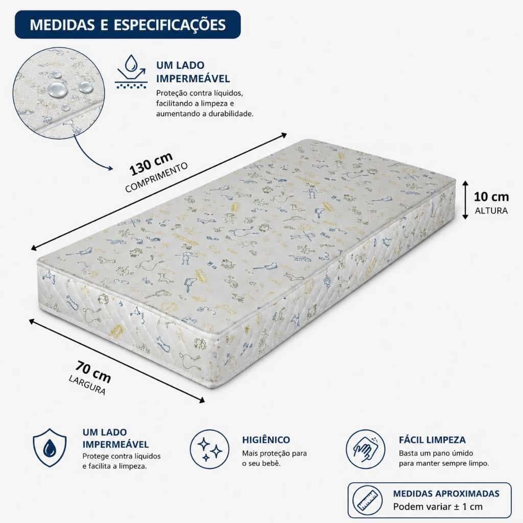 Colchão Para Berço Impermeável 70x130x10cm Espuma D18 Branco