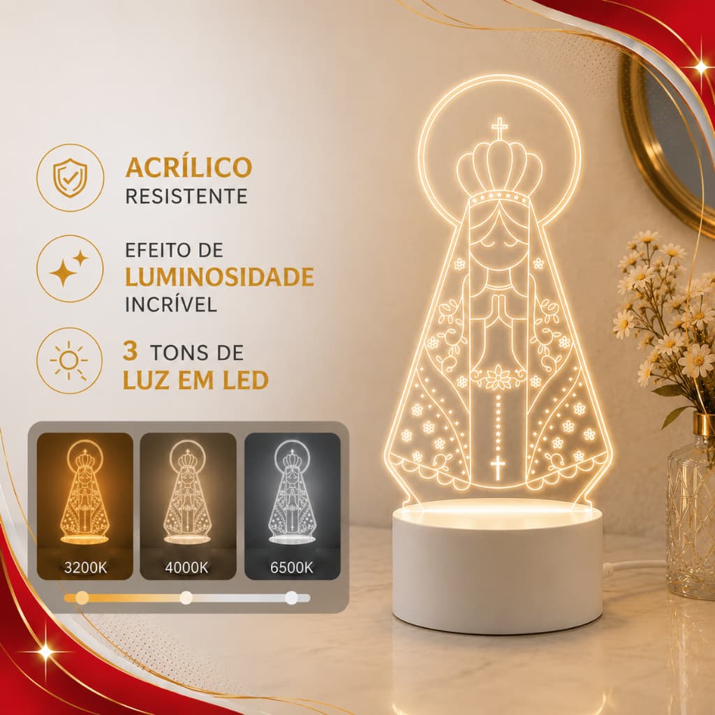 Luminária LED 3D Nossa Senhora Aparecida Abajur Decorativo Luz Quente USB Presente Religioso