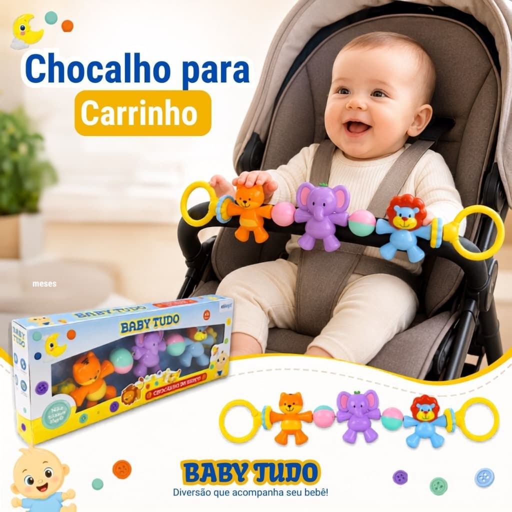 Móbile Infantil Bichinhos Chocalho para Carrinho e  Berço de Bebê