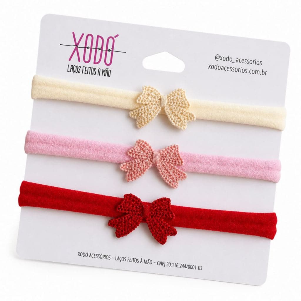 Kit 3 Faixas Bebê tiaras de meia de seda Confortável Elegante Leve Macio Crochê Amarelo Rosa Vermelho