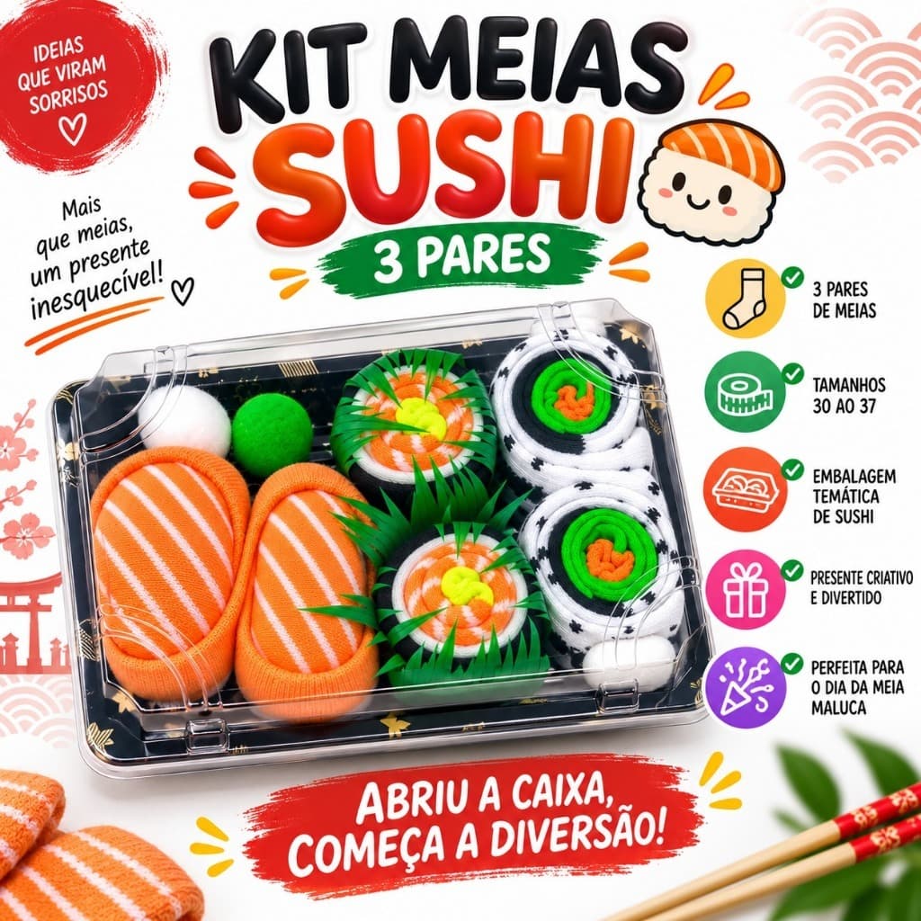 Kit 3 Pares Meias Divertidas Sushi Algodão Tam 30 ao 37 Presente Criativo Meia Maluca