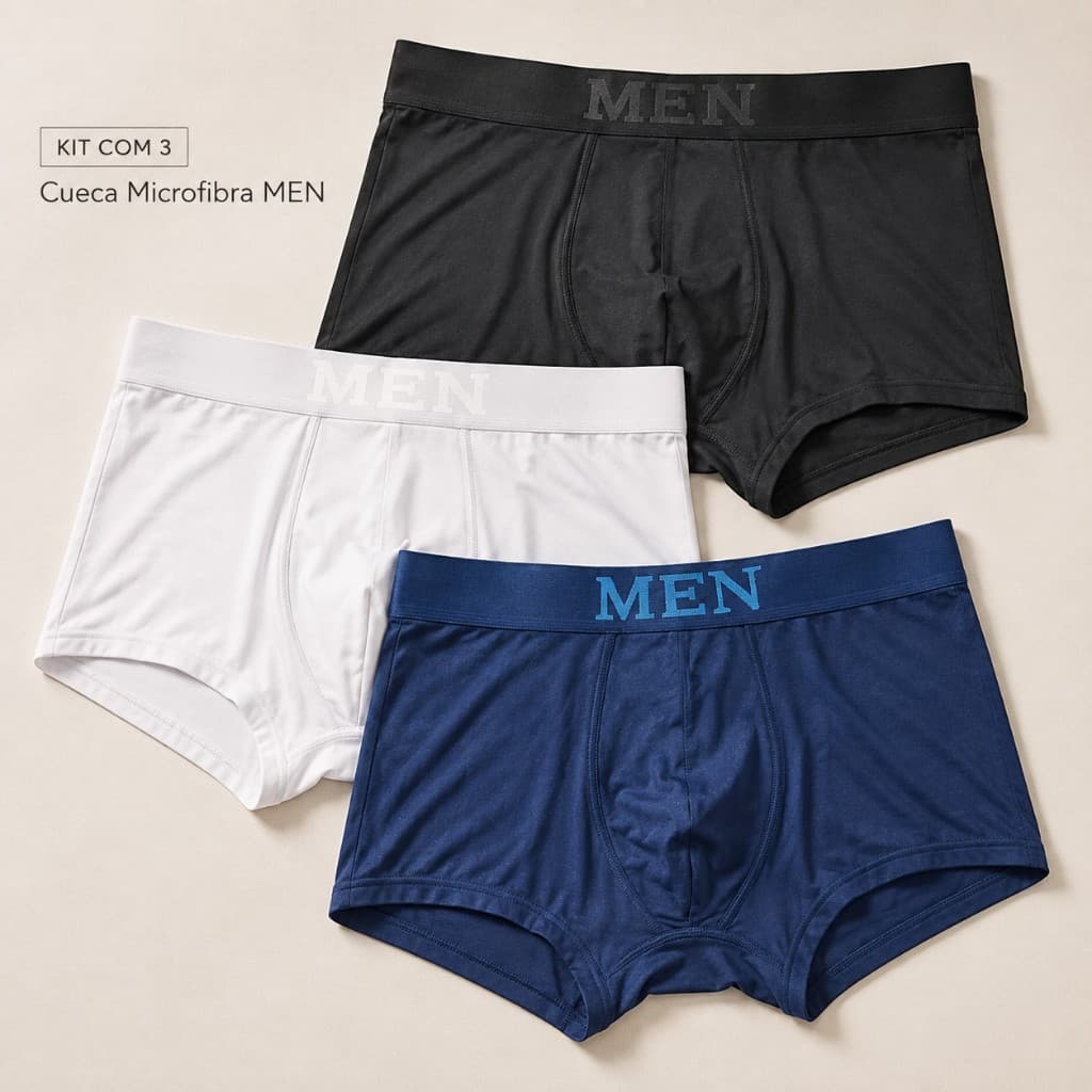 Kit 3 Cueca Boxer Masculina Microfibra MEN Poliamida Elastano Adulto P M G GG Cores Sortidas