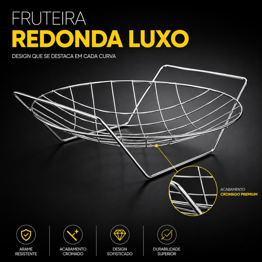 Fruteira Redonda Luxo Aramada Cromada de Mesa Design Moderno para Bancada de Cozinha Organizar Frutas Águia de Aramados