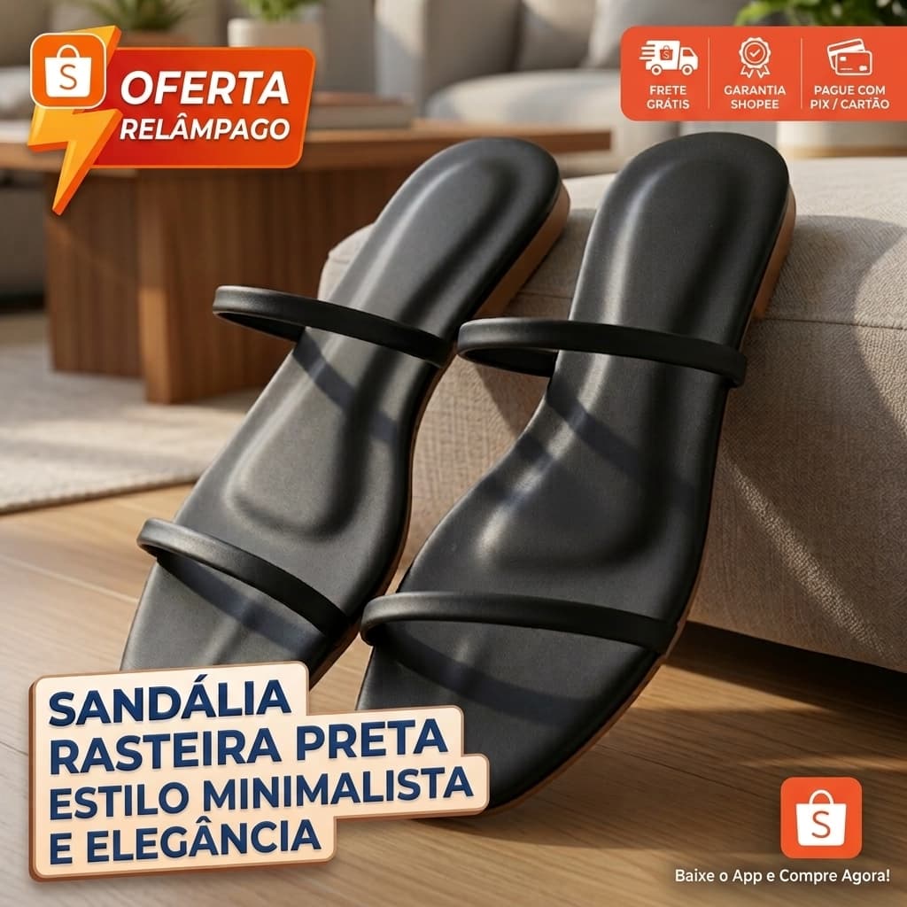 Sandália Rasteirinha Feminina Duas Tiras Fina Preto Confortável Minimalista Bico Quadrado Rasteira Rasteirinha Flatform