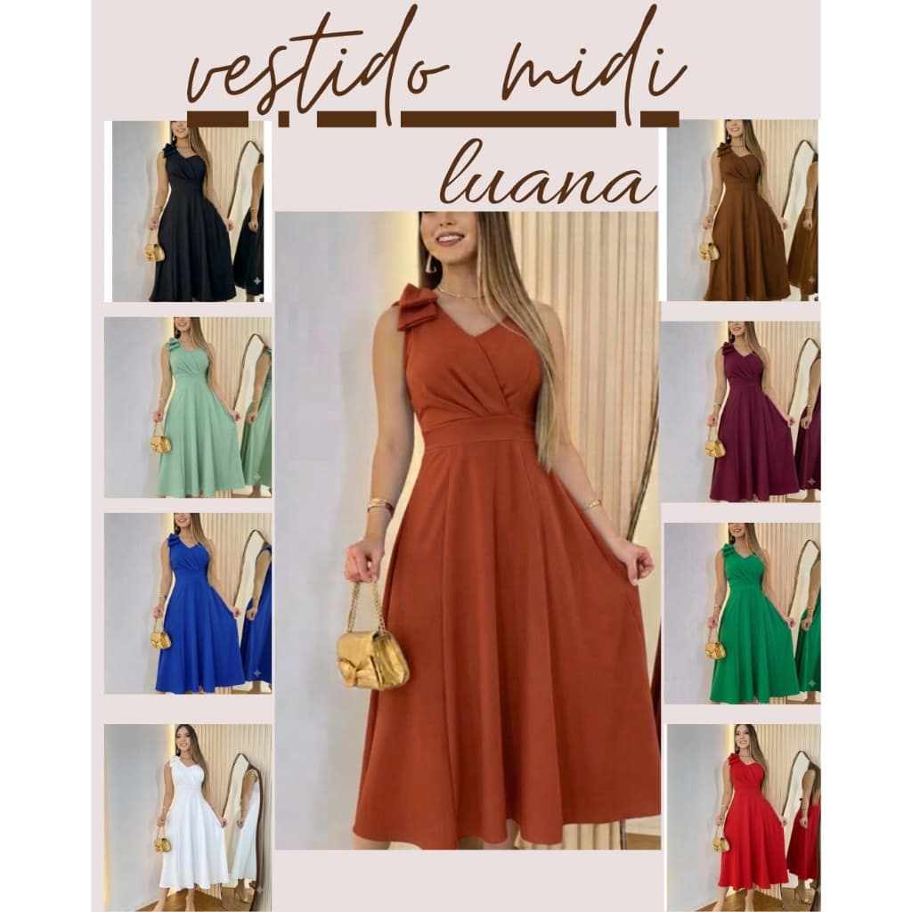 Vestido midi femenino rodado con laço no ombro elegante e sofisticado