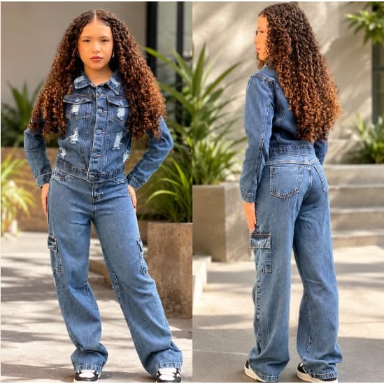 Kit Calça Jeans Cargo + Jaqueta Moda Teen Infanto Juvenil 8 ao 16 anos Premium Menina