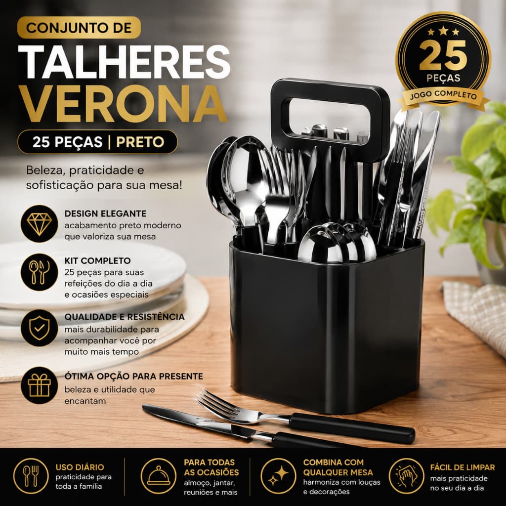 Conjunto Talheres Verona 25 Peças Preto Jogo Completo Mesa Elegante Sofisticado