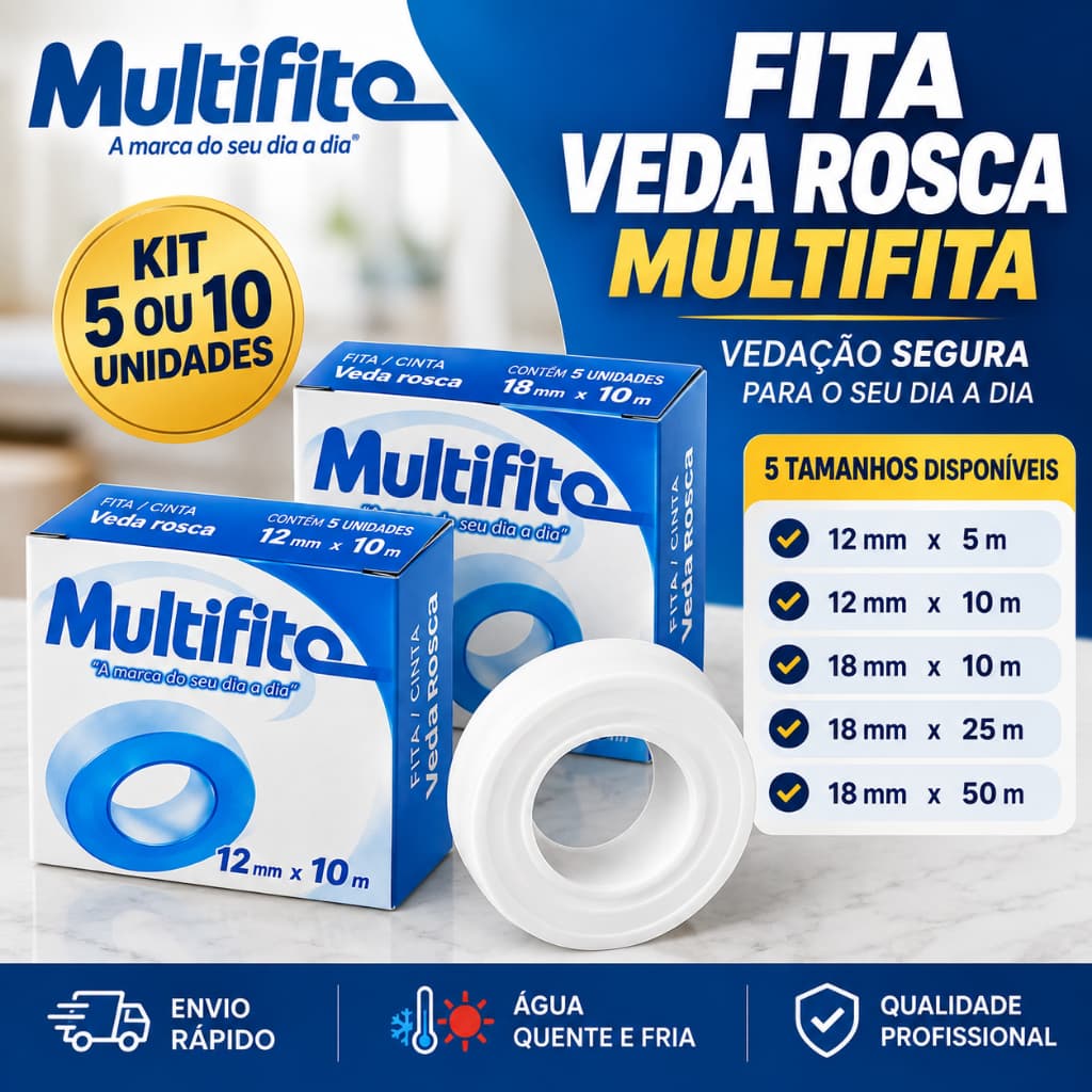 Fita Veda Rosca Multifita PTFE Kit 5 ou 10 Unidades 12mm 18mm Alta Vedação Anti Vazamento 5m a 50m