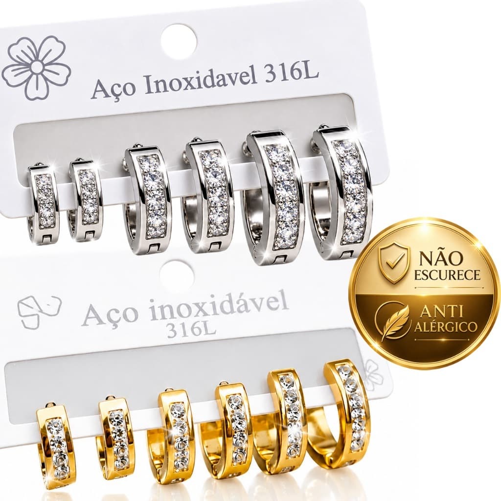 Brinco Aço Inoxidável 6 peças com Zircônia Vintage Antialérgico Não Escurece feminino masculino 316L