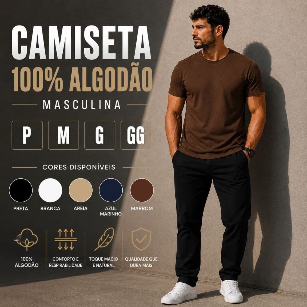 Camiseta Masculina Básica 100% Algodão Lisa Casual Confortável Manga Curta